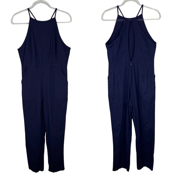 Urban Outfitters Hattie High Neck Linen Jumpsuit Navy 10 Pockets Stretch - Picture 3 of 16
